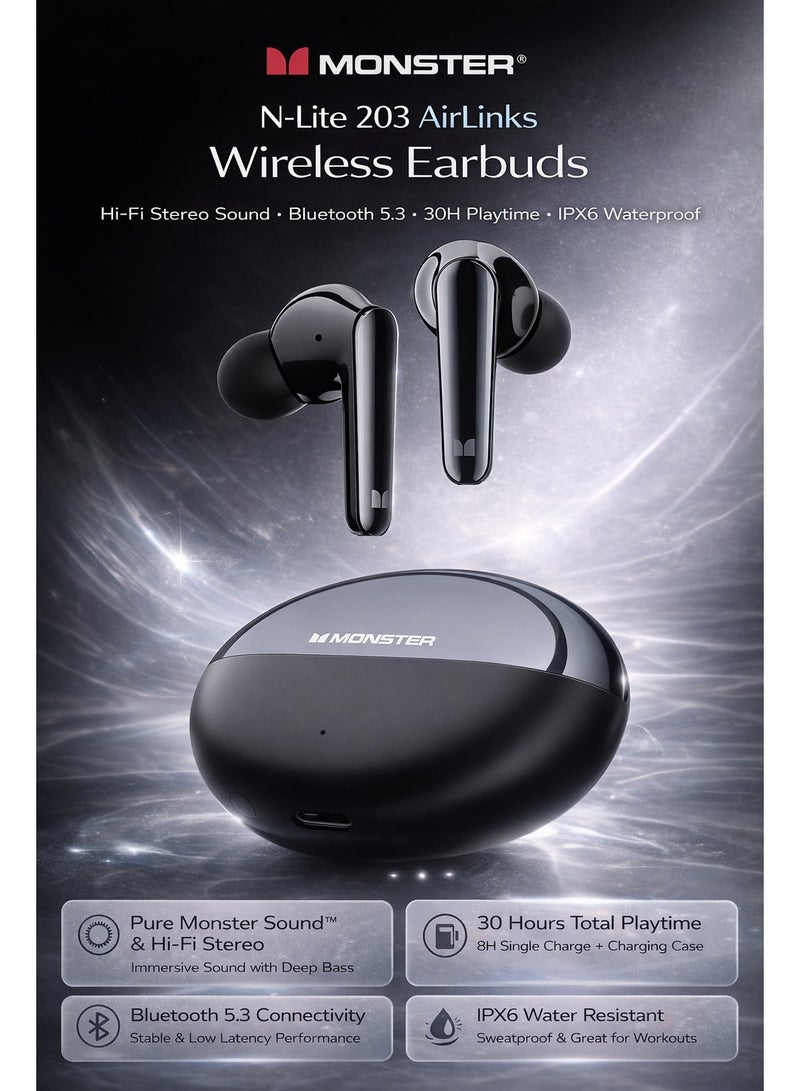 Monster N-Lite 203 AirLinks Wireless Earbuds  Hi-Fi Stereo Sound · Bluetooth 5.3 · 30H Playtime · IPX6 Waterproof - Image 1
